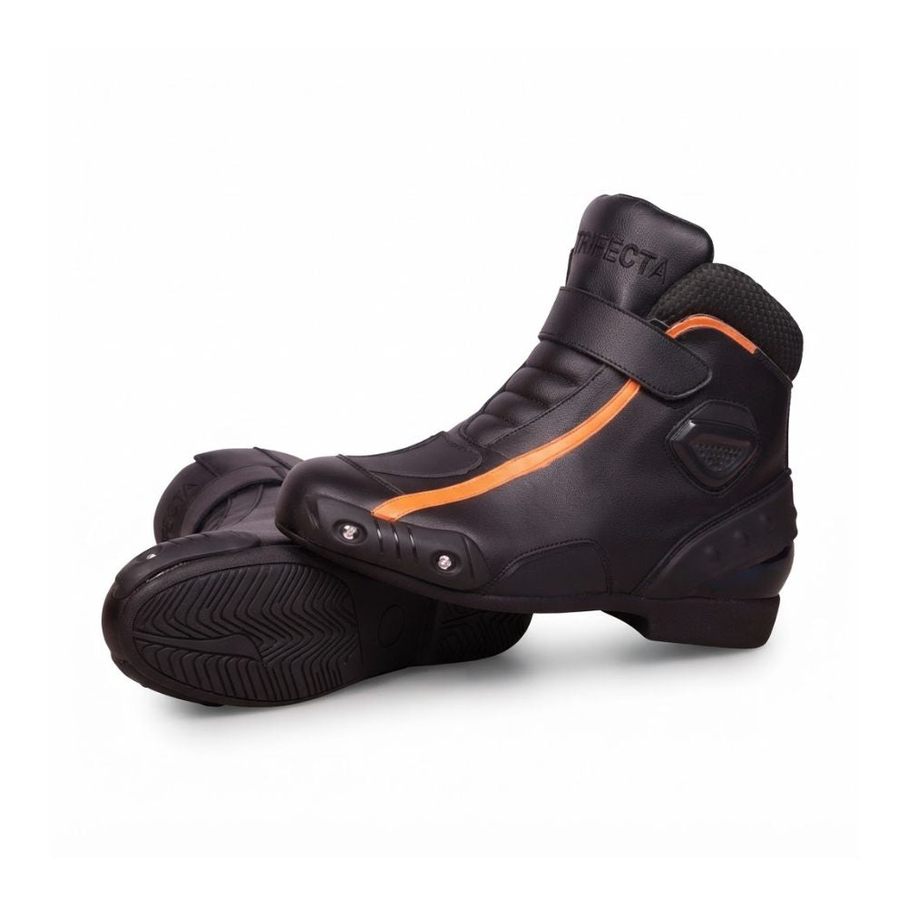 Men’s Leather Motorcycle Racing Boots - Black & Orange Sport Riding Boots with Ankle & Toe Protection