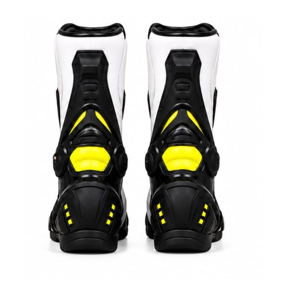 Men's White and Black Motorcycle Racing Boots – High-Performance Protective Riding Boots with Neon Yellow Accents and Reinforced Toe Sliders