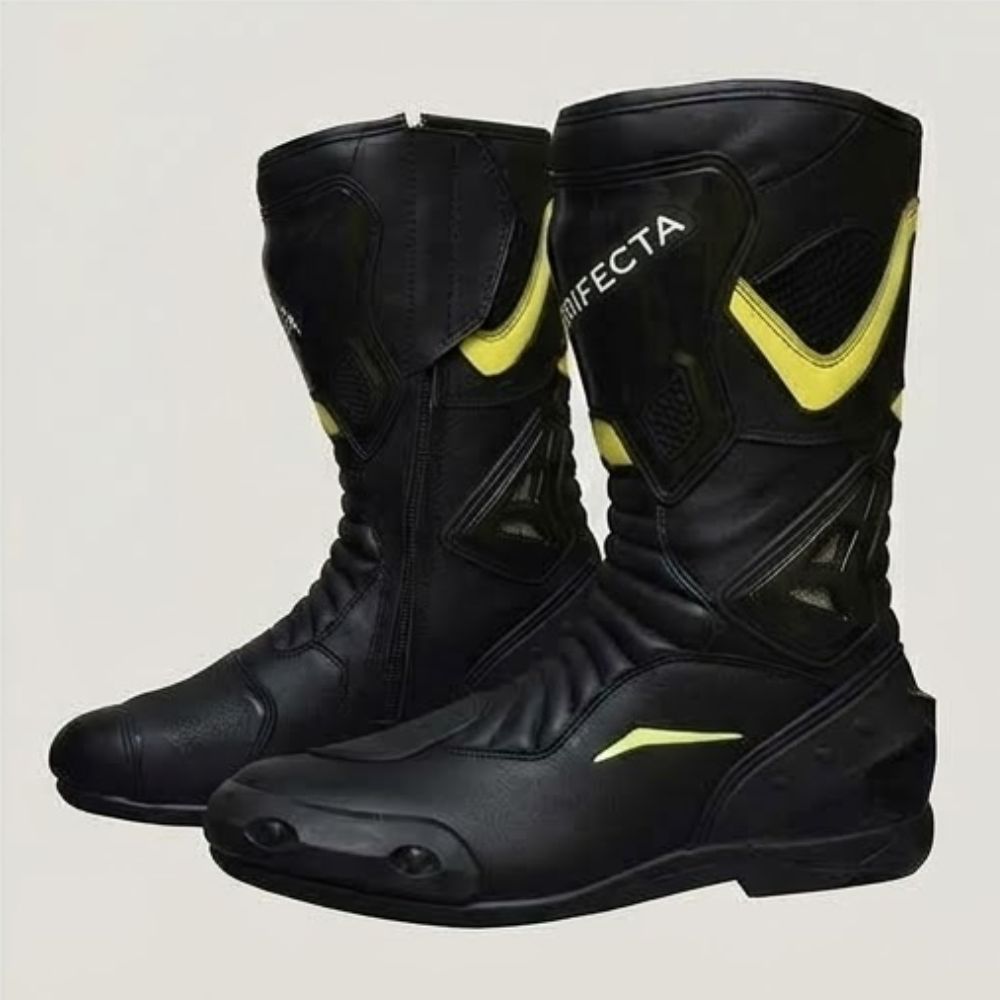 Men's Black & Yellow Leather Riding Boots - Protective Motorbike Racing Boots for Riders