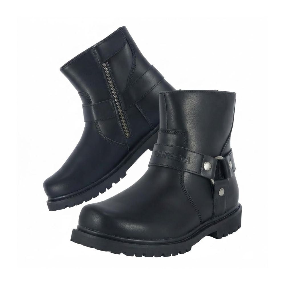 A pair of black leather ankle boots with side zippers and buckle straps, displayed on a clean white background.