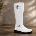 Premium Women's White Knee-High Leather Riding Boots with Adjustable Buckle Straps & Side Zipper