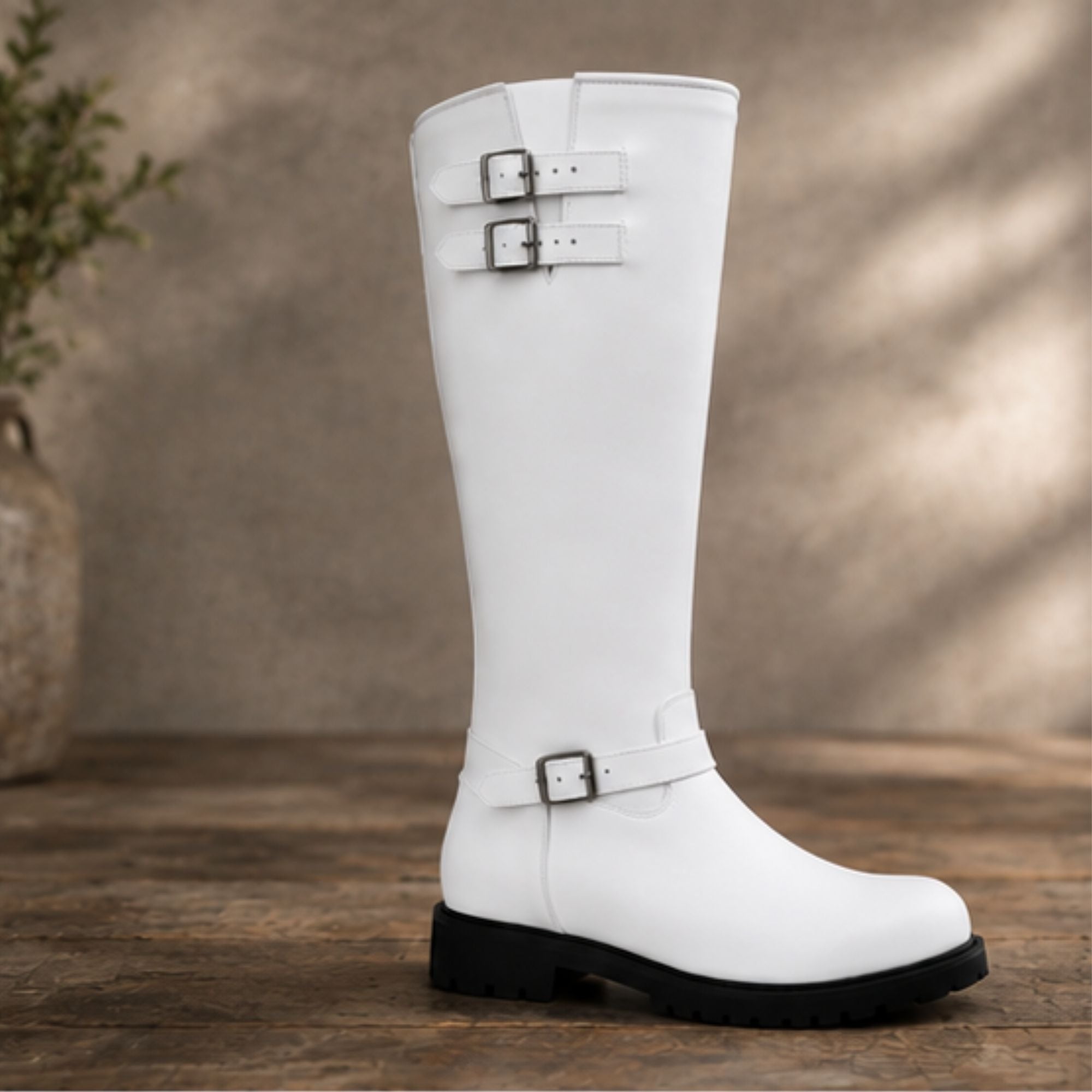Premium Women's White Knee-High Leather Riding Boots with Adjustable Buckle Straps & Side Zipper