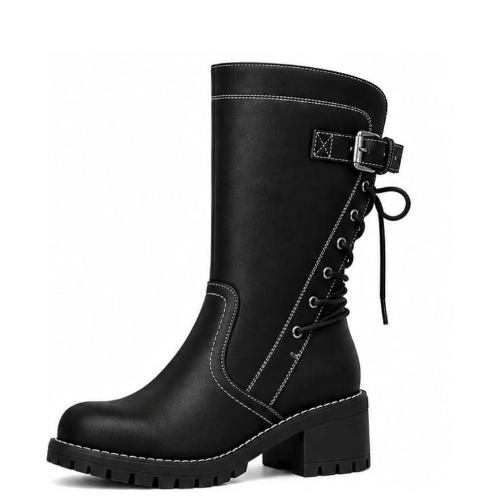 Women’s Black Leather Boots - Mid-Calf Lace-Up Boots with Side Zipper and Buckle Strap