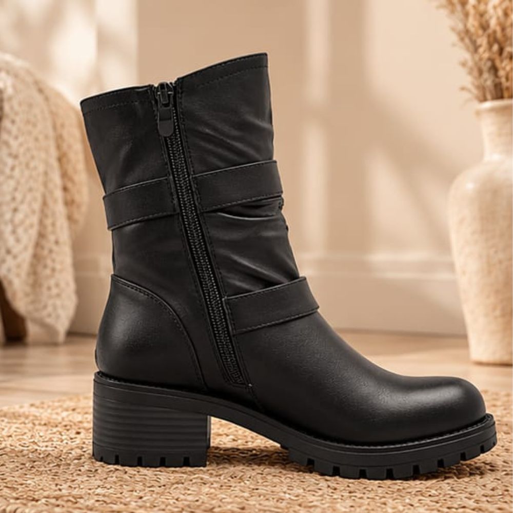 Women’s Black Biker Ankle Boots – Double Buckle Strap Design with Side Zipper