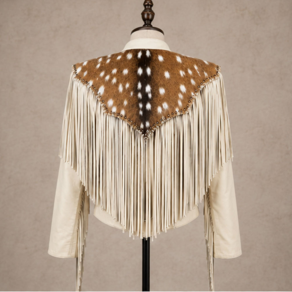 Women’s Western Fringe Leather Jacket | Vintage Brown & Ivory Cowhide Jacket | Long Tassel Cowboy Biker Outerwear | Boho Rodeo Style