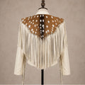 Women’s Western Fringe Leather Jacket | Vintage Brown & Ivory Cowhide Jacket | Long Tassel Cowboy Biker Outerwear | Boho Rodeo Style