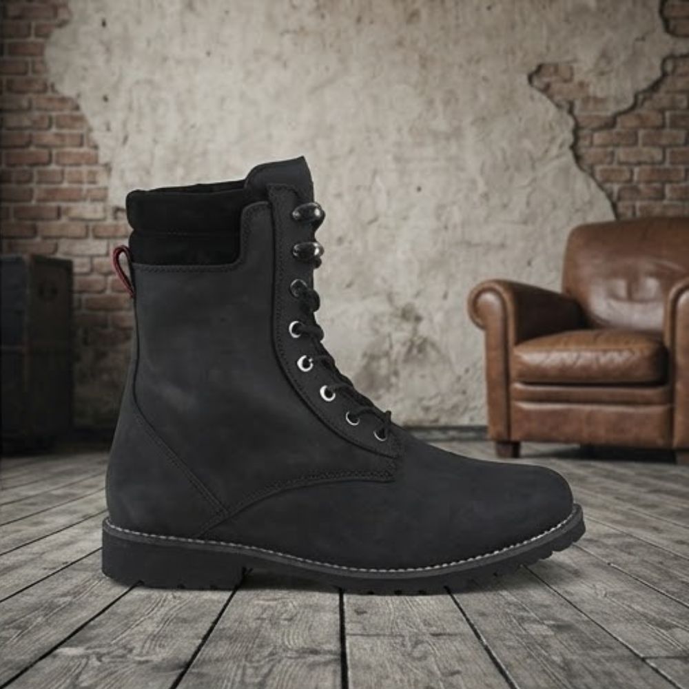 Black Men's Adventure Motorcycle Racing Boots - Full Leather Motorbike Riding Footwear