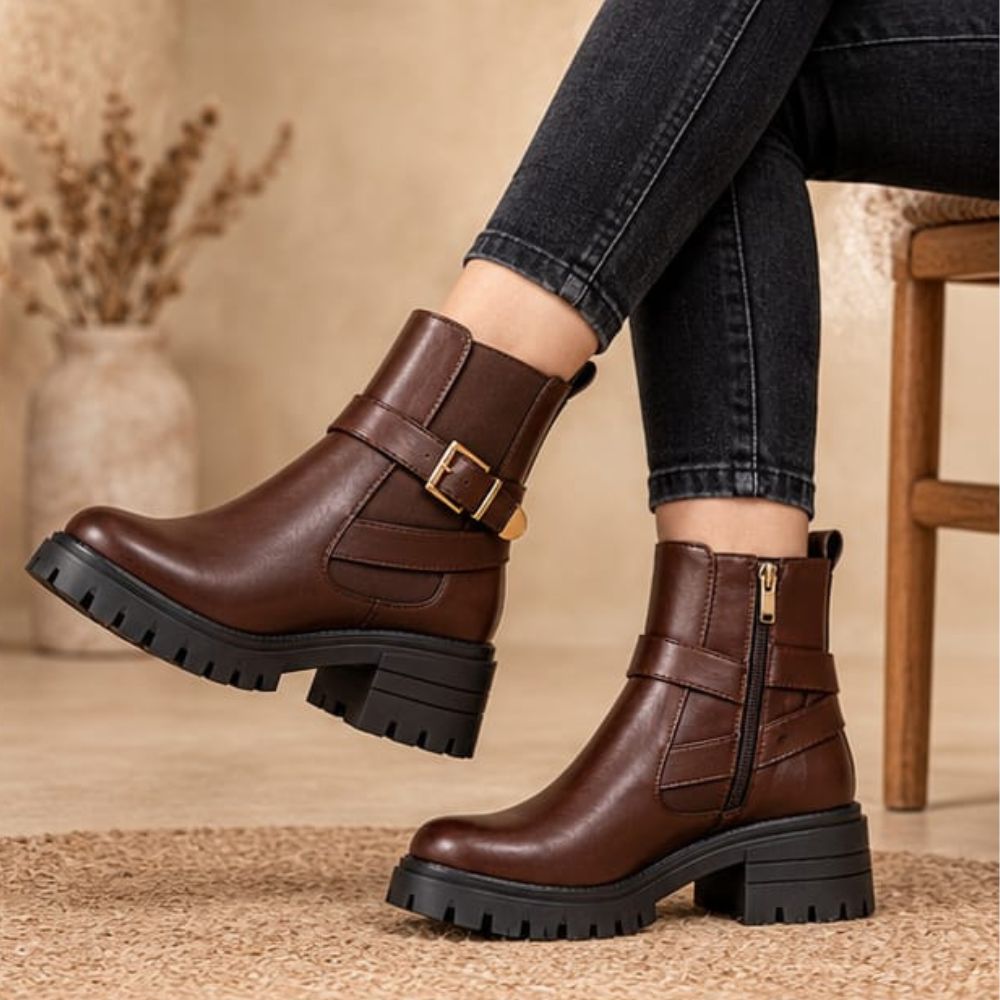 Women’s Brown Leather Ankle Biker Boots – Buckle Strap & Side Zipper with Chunky Lug Sole
