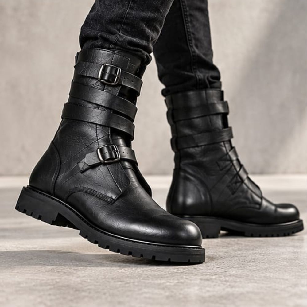 Men’s Black Leather Biker Boots – Rugged Lug Sole and Buckle Accents