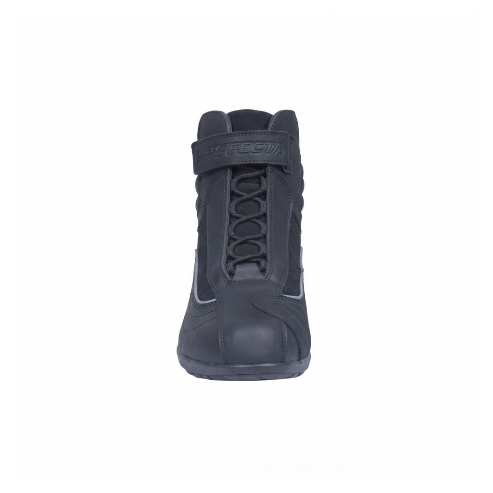 A black high-top motorcycle boot with a hook-and-loop strap closure and lace-up front, shown from a front-facing perspective on a white background.