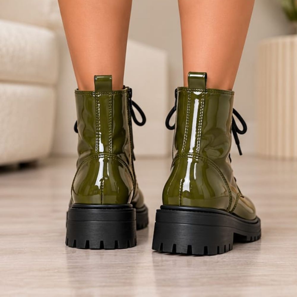 Women’s Olive Green PVC Leather Ankle Biker Boots – Glossy Lace-Up Combat Moto Boots with Side Zip