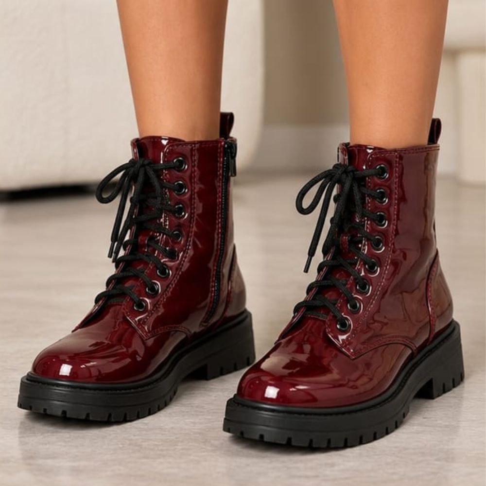 Women’s Burgundy Ankle Biker Boots – Glossy Lace-Up Combat Moto Boots with Side Zip