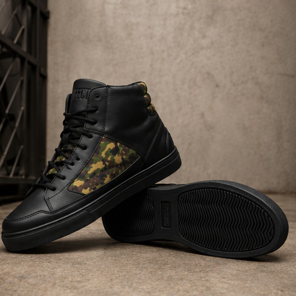Men’s Black Leather Motorcycle Sneakers with Camouflage Side Panels – Protective Lace-Up Riding Shoes