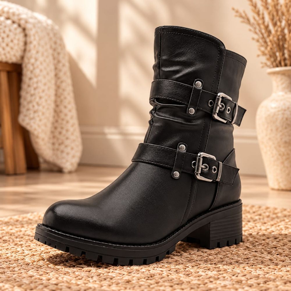 Women’s Black Biker Ankle Boots – Double Buckle Strap Design with Side Zipper