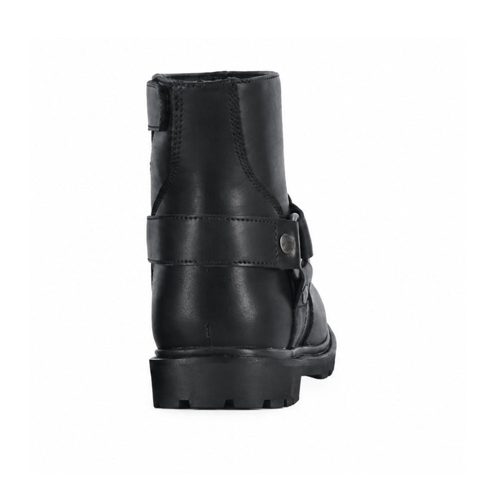 A black leather ankle boot with a side buckle strap, shown from a rear three-quarter angle on a plain white background.