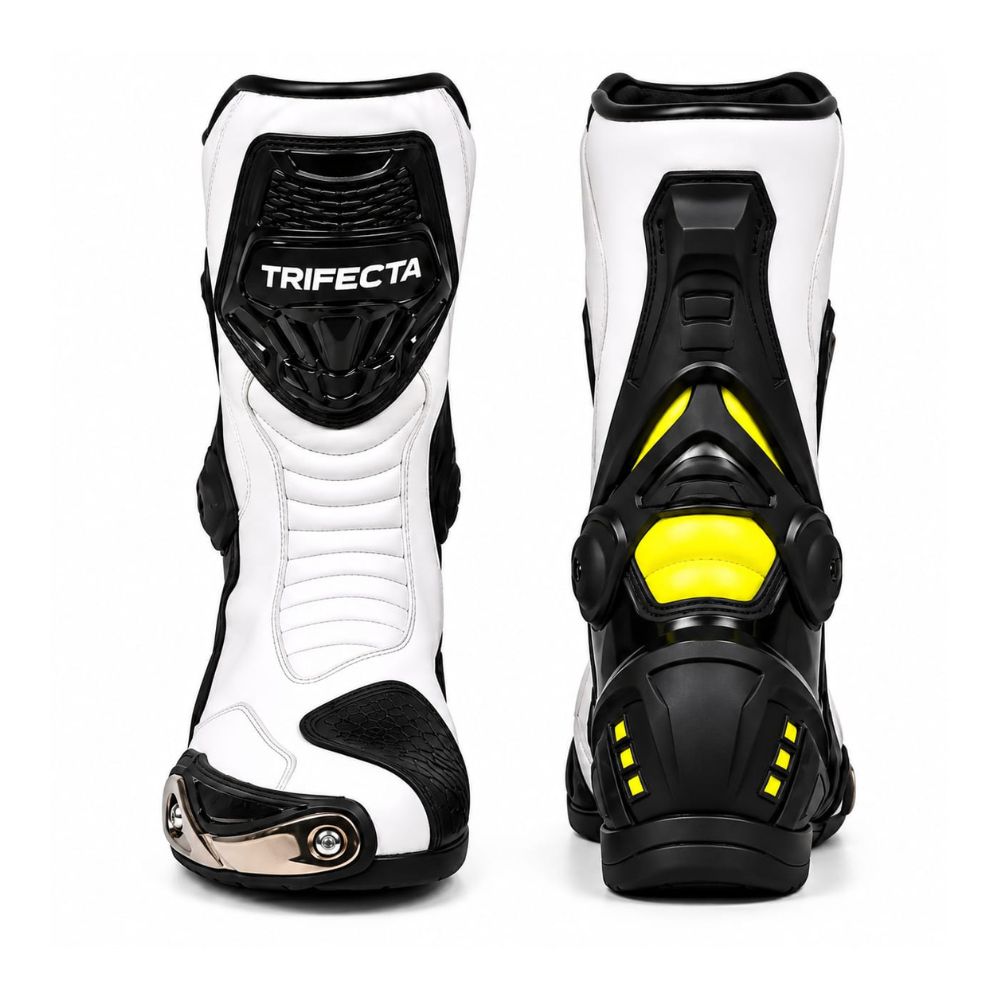 Men's White and Black Motorcycle Racing Boots – High-Performance Protective Riding Boots with Neon Yellow Accents and Reinforced Toe Sliders
