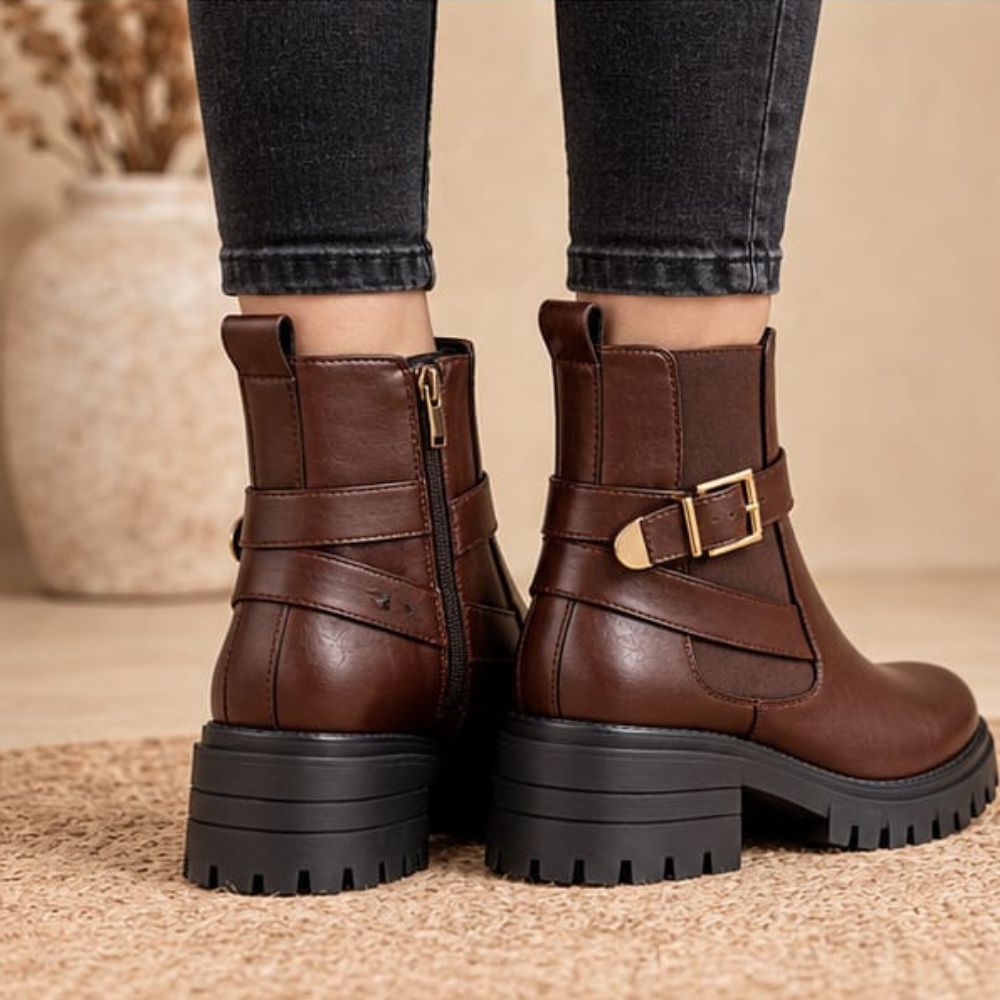 Women’s Brown Leather Ankle Biker Boots – Buckle Strap & Side Zipper with Chunky Lug Sole