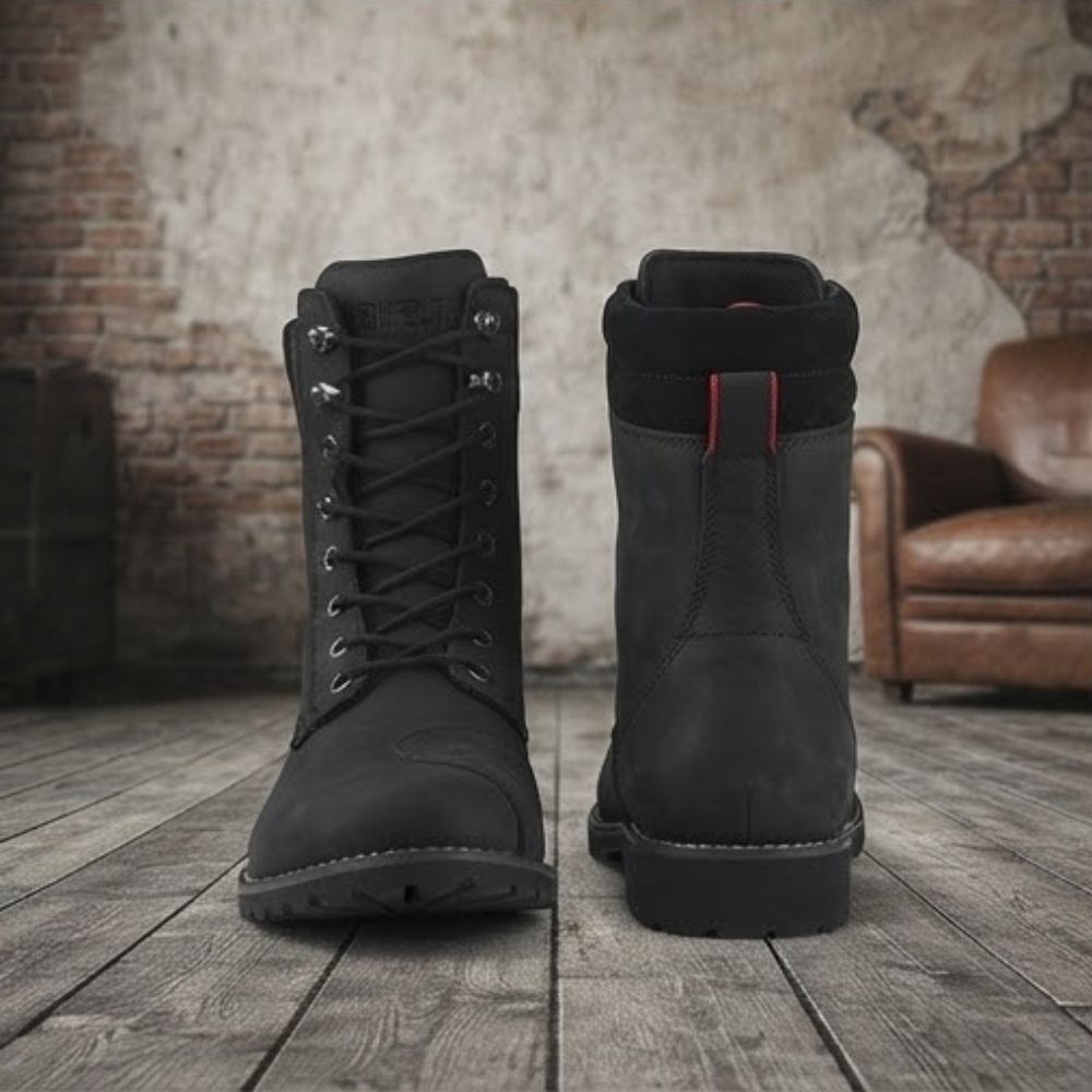 Black Men's Adventure Motorcycle Racing Boots - Full Leather Motorbike Riding Footwear
