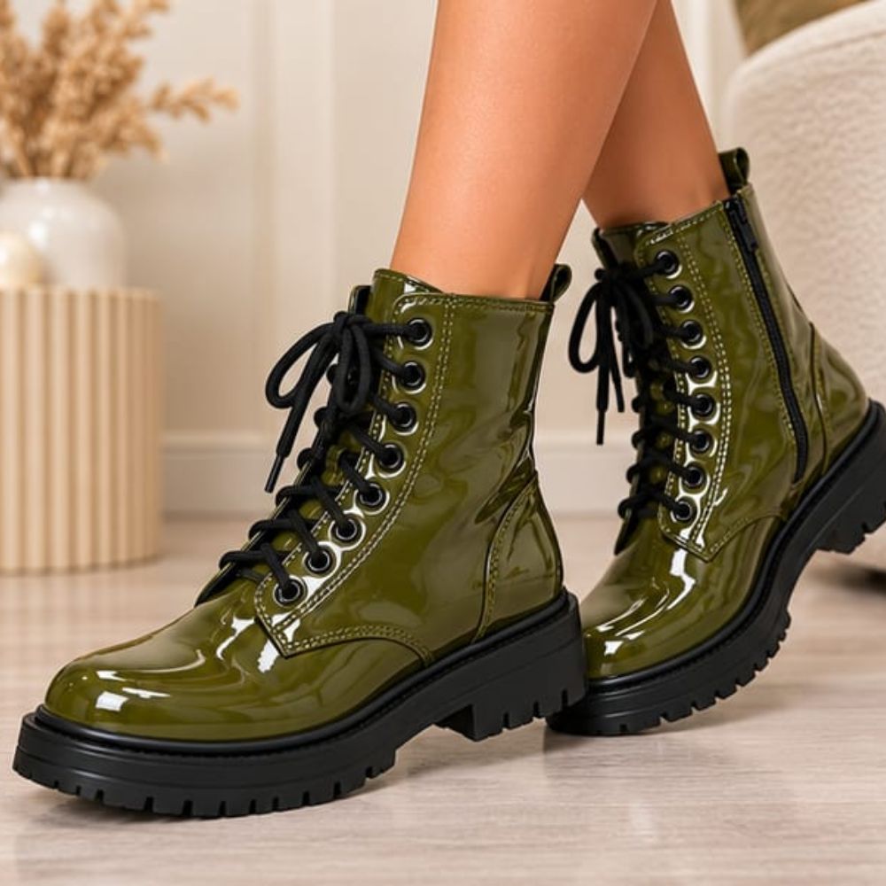 Women’s Olive Green PVC Leather Ankle Biker Boots – Glossy Lace-Up Combat Moto Boots with Side Zip