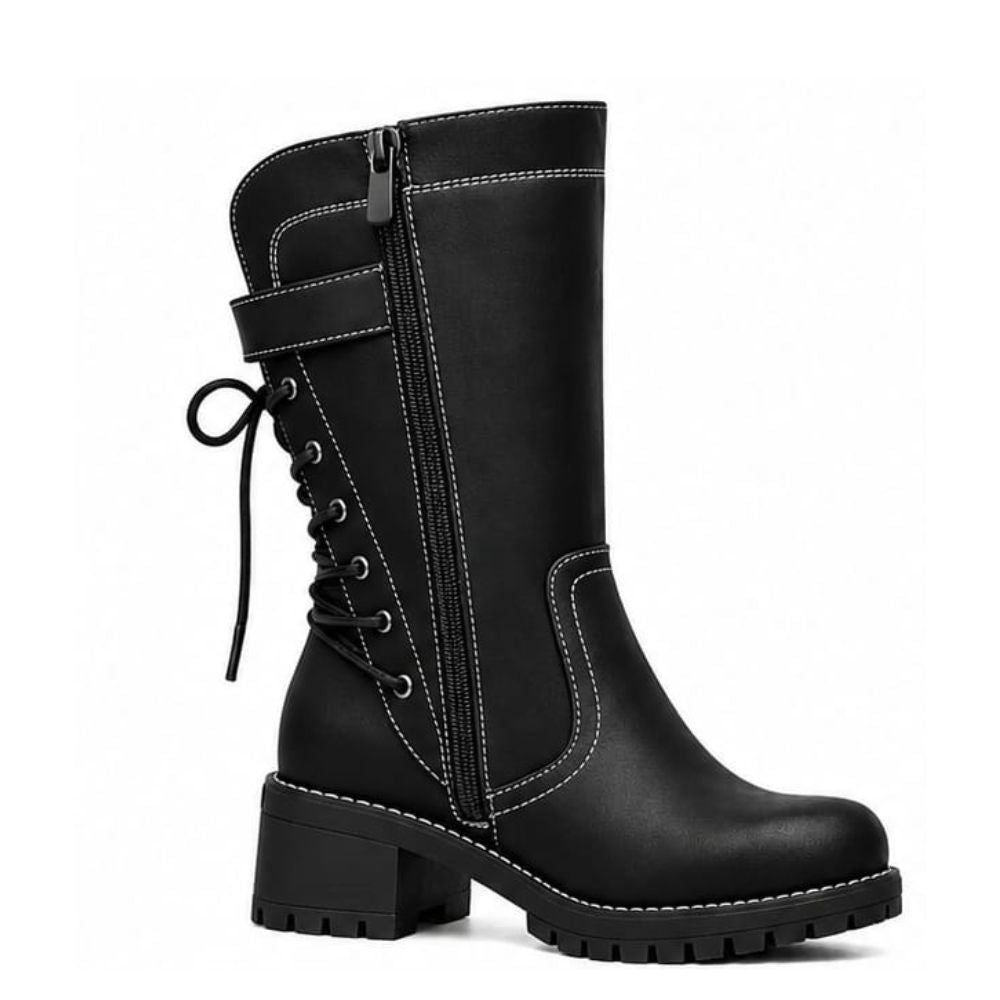 Women’s Black Leather Boots - Mid-Calf Lace-Up Boots with Side Zipper and Buckle Strap