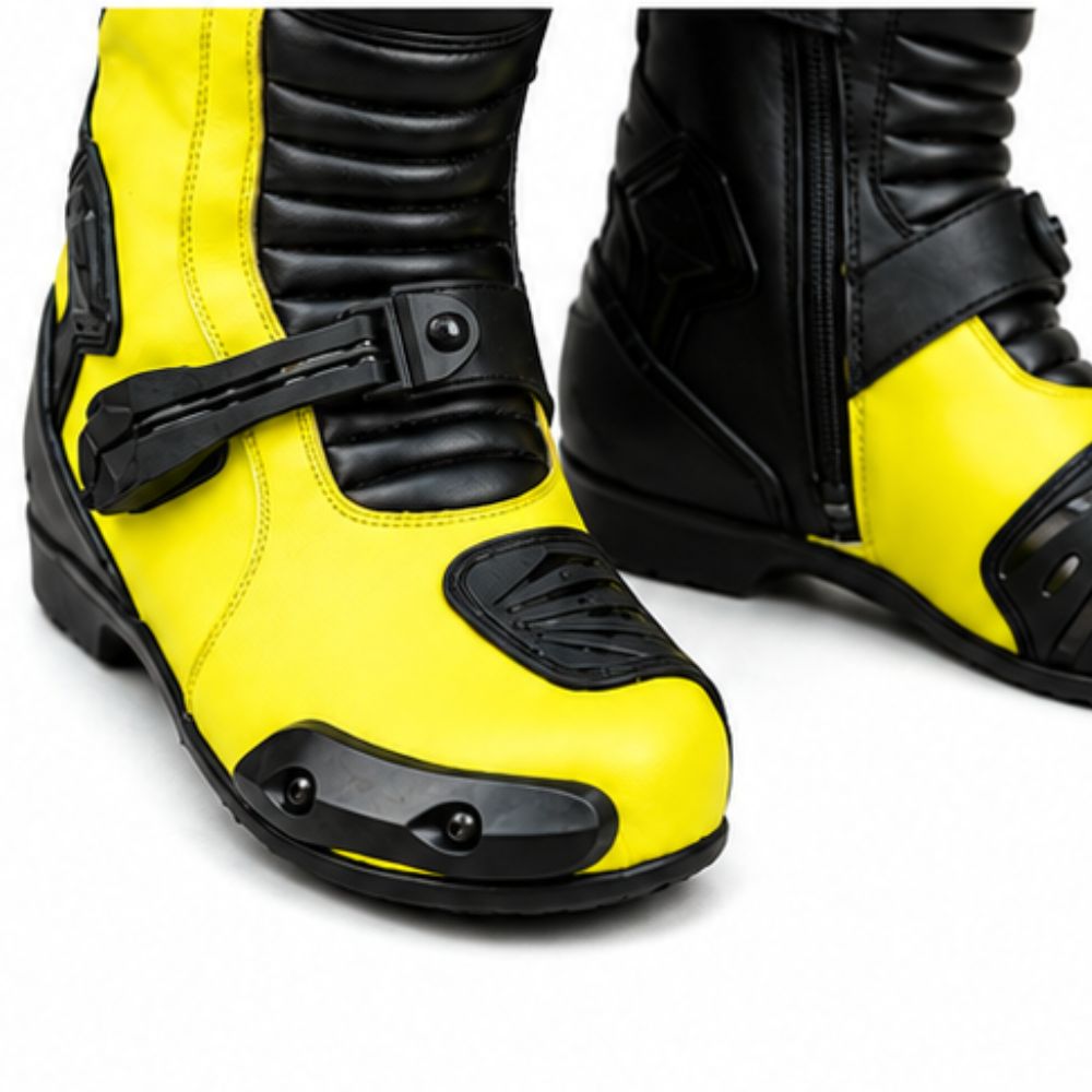 Men’s Black & Yellow Motorcycle Racing Boots – Full-Length Protective Motorbike Riding & Track Boots
