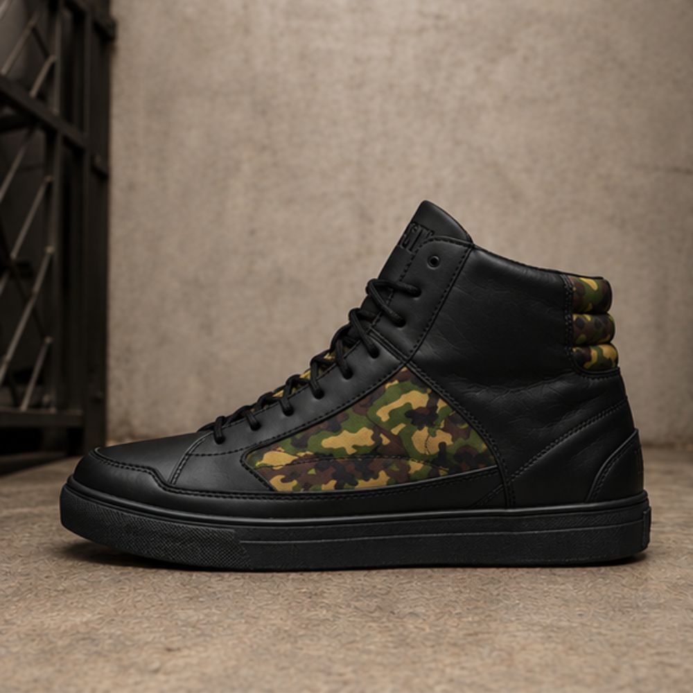 Men’s Black Leather Motorcycle Sneakers with Camouflage Side Panels – Protective Lace-Up Riding Shoes