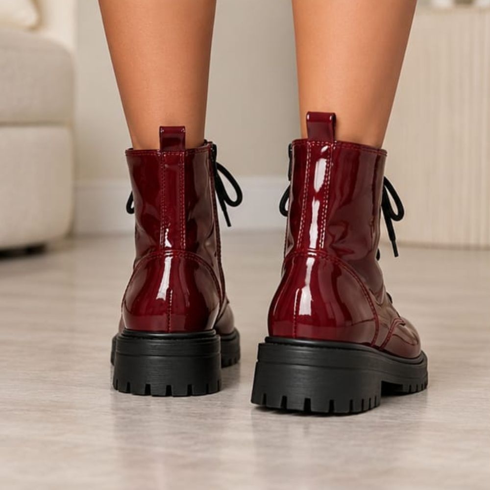 Women’s Burgundy Ankle Biker Boots – Glossy Lace-Up Combat Moto Boots with Side Zip