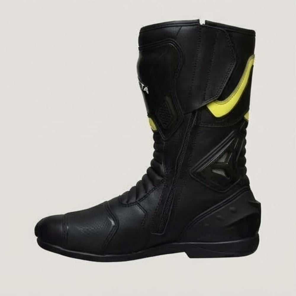 Men's Black & Yellow Leather Riding Boots - Protective Motorbike Racing Boots for Riders
