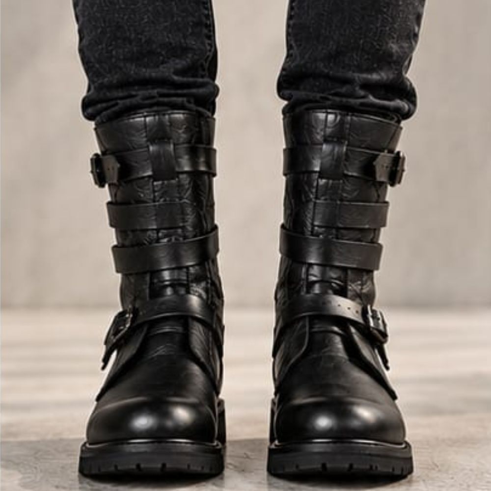 Men’s Black Leather Biker Boots – Rugged Lug Sole and Buckle Accents
