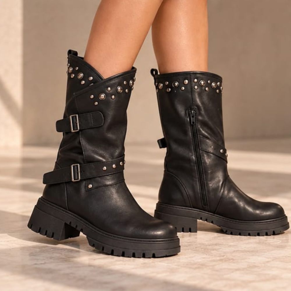 Women’s Black Studded Biker Boots – Mid-Calf Moto Boots with Buckle Straps & Chunky Lug Sole