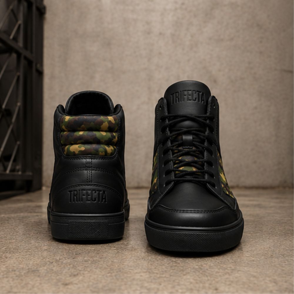Men’s Black Leather Motorcycle Sneakers with Camouflage Side Panels – Protective Lace-Up Riding Shoes