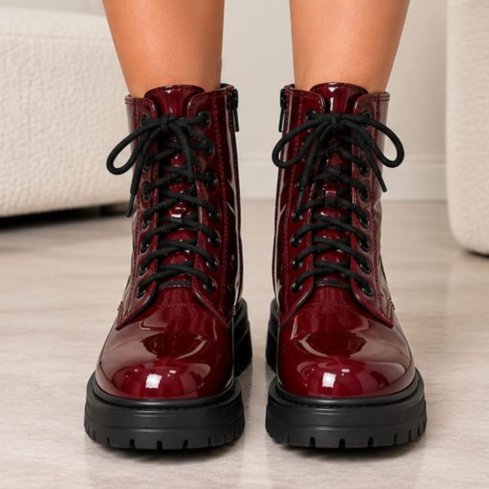 Women’s Burgundy Ankle Biker Boots – Glossy Lace-Up Combat Moto Boots with Side Zip