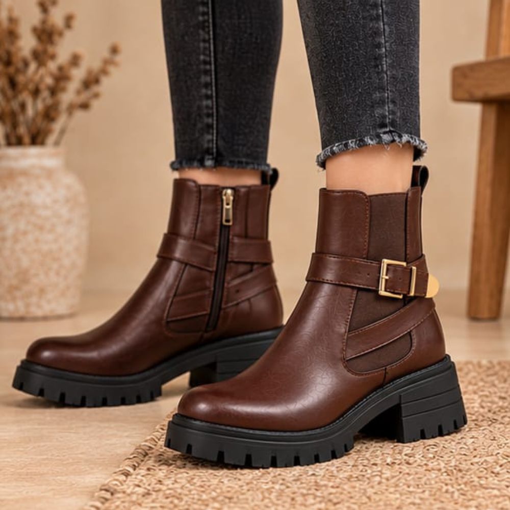 Women’s Brown Leather Ankle Biker Boots – Buckle Strap & Side Zipper with Chunky Lug Sole
