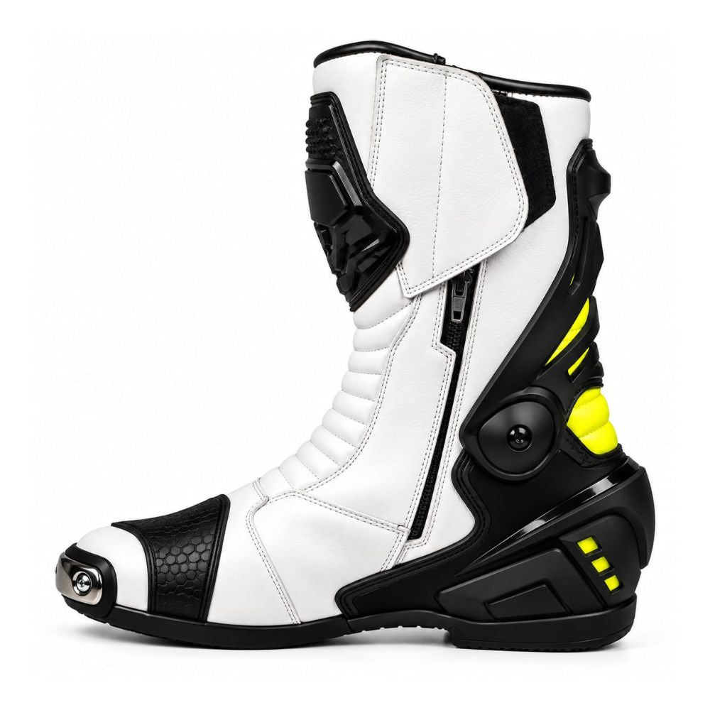 Men's White and Black Motorcycle Racing Boots – High-Performance Protective Riding Boots with Neon Yellow Accents and Reinforced Toe Sliders
