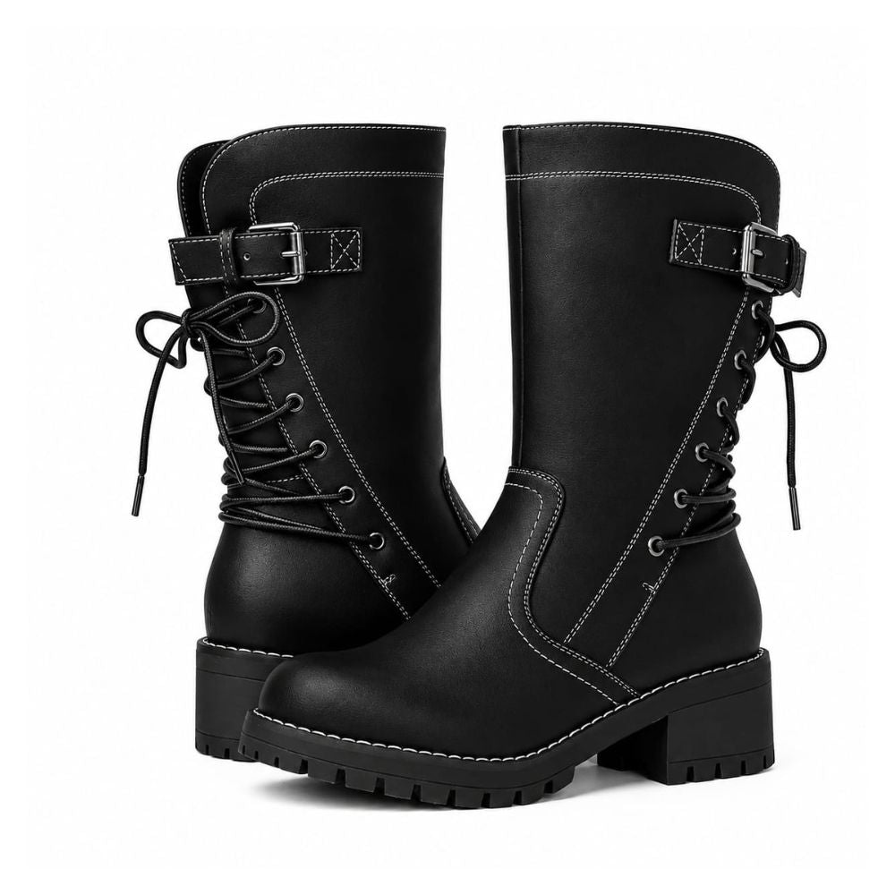 Women’s Black Leather Boots - Mid-Calf Lace-Up Boots with Side Zipper and Buckle Strap