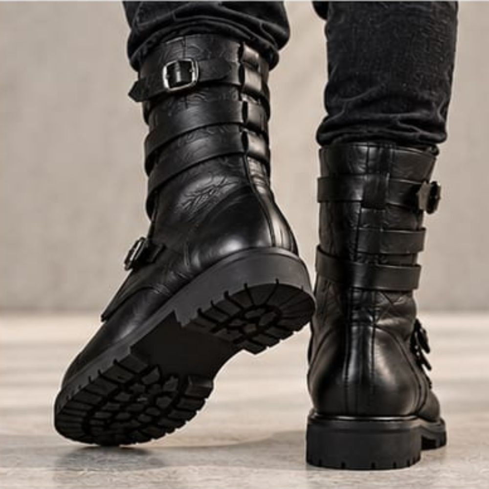 Men’s Black Leather Biker Boots – Rugged Lug Sole and Buckle Accents