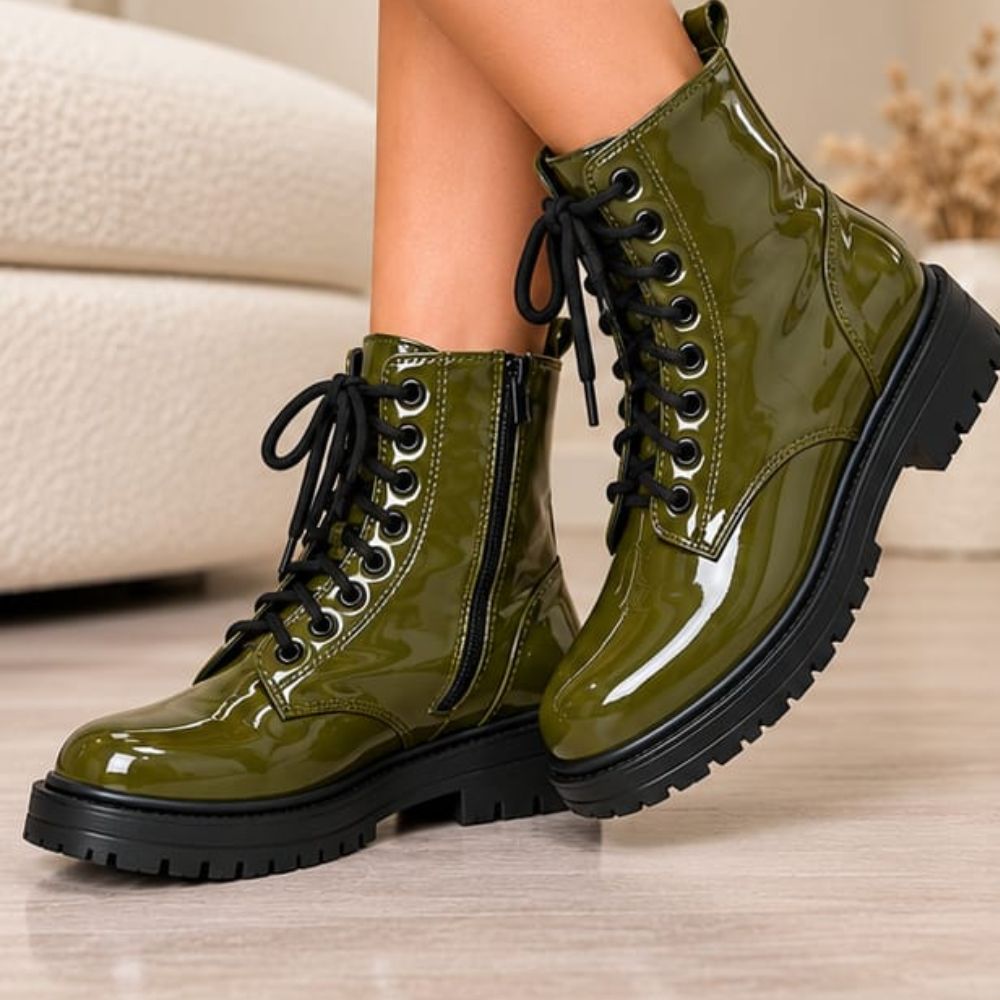 Women’s Olive Green PVC Leather Ankle Biker Boots – Glossy Lace-Up Combat Moto Boots with Side Zip
