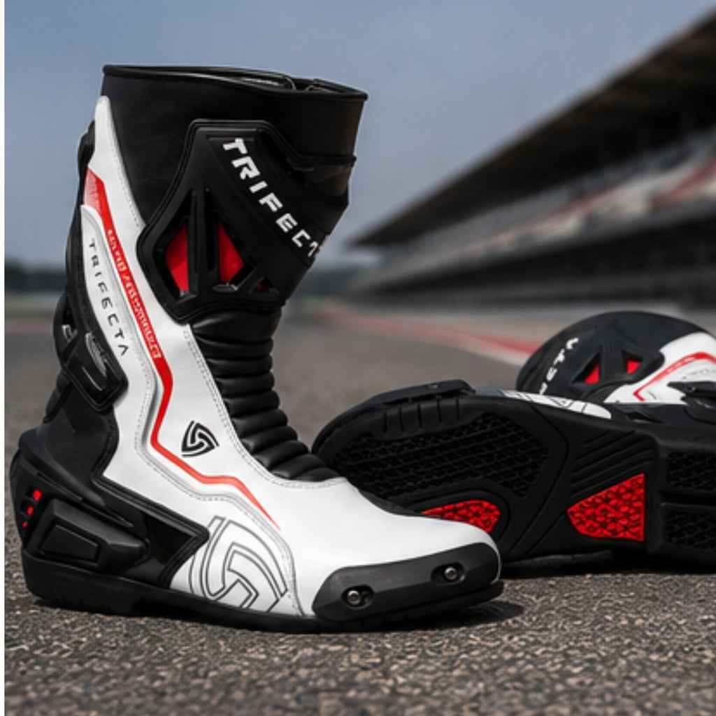 TRIFECTA Men's Leather Motorcycle Racing Boots – CE Certified Sport Riding Boots