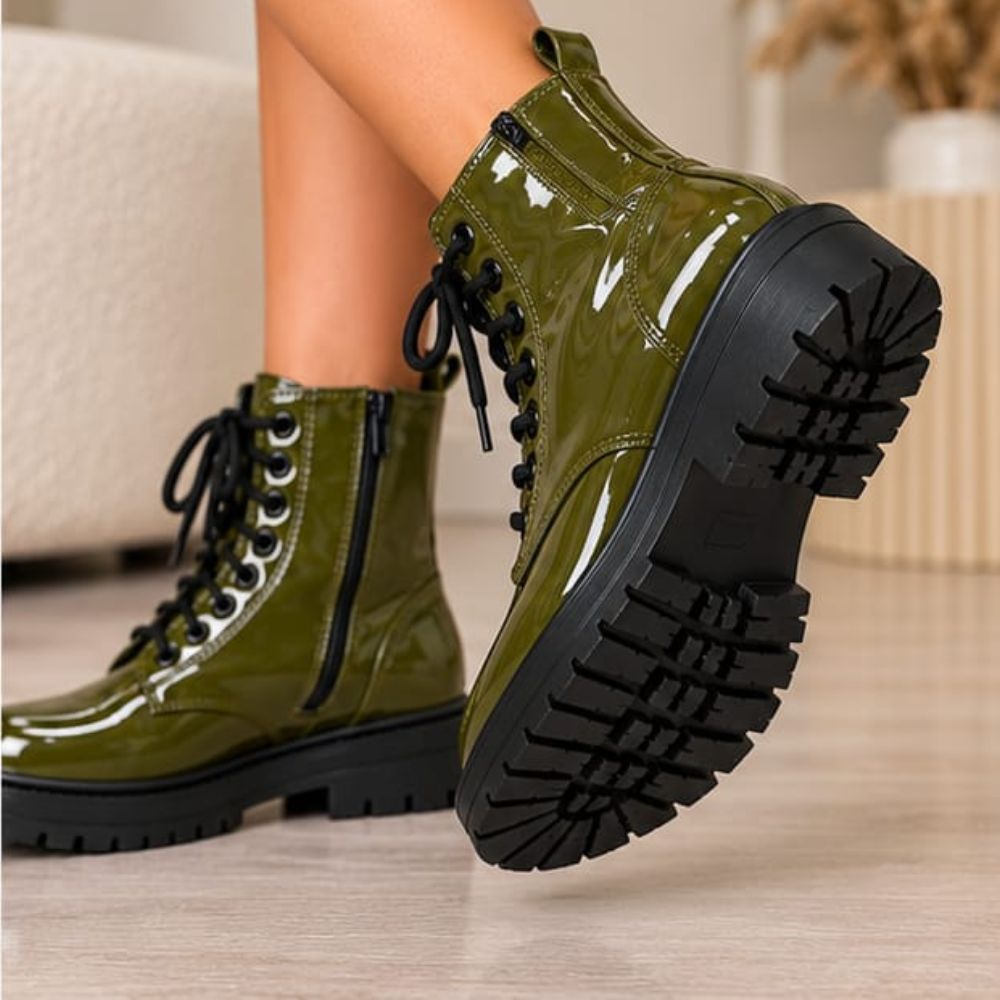 Women’s Olive Green PVC Leather Ankle Biker Boots – Glossy Lace-Up Combat Moto Boots with Side Zip