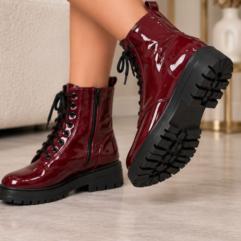 Women’s Burgundy Ankle Biker Boots – Glossy Lace-Up Combat Moto Boots with Side Zip