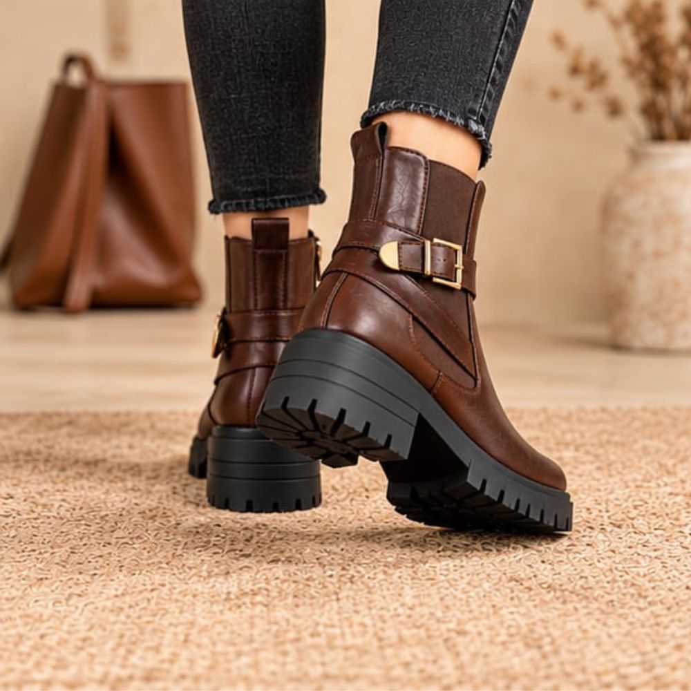 Women’s Brown Leather Ankle Biker Boots – Buckle Strap & Side Zipper with Chunky Lug Sole