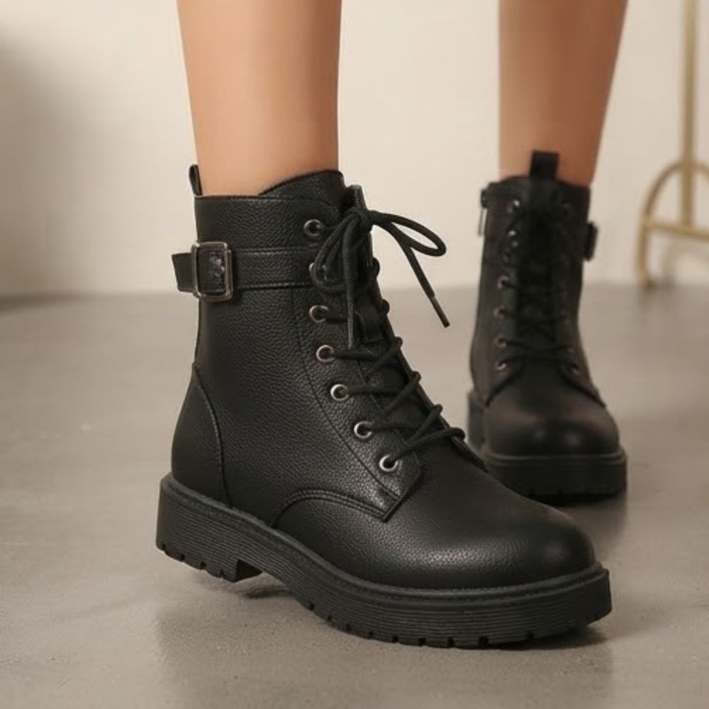 Women’s Black Leather Motorcycle Boots – Lace-Up Riding & Biker Boots with Side Zip