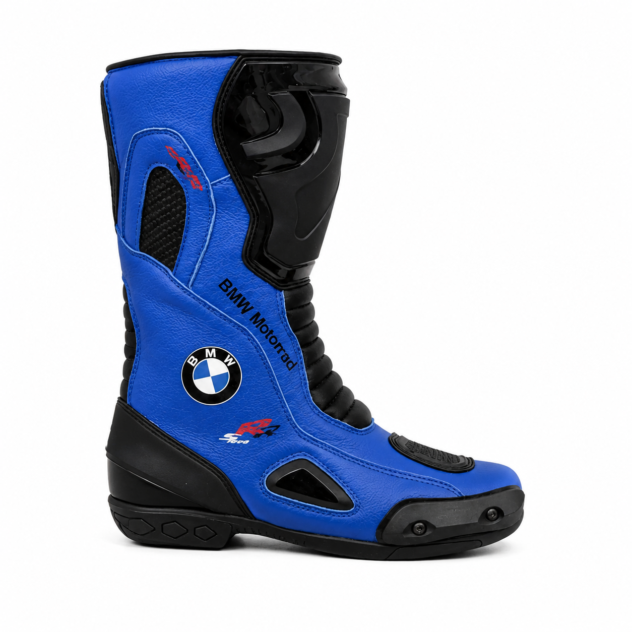 TRIFECTA Pro-Racer Men's Motorcycle Boots | Black & Blue Biker Boots with Reinforced Ankle & Shin Armor