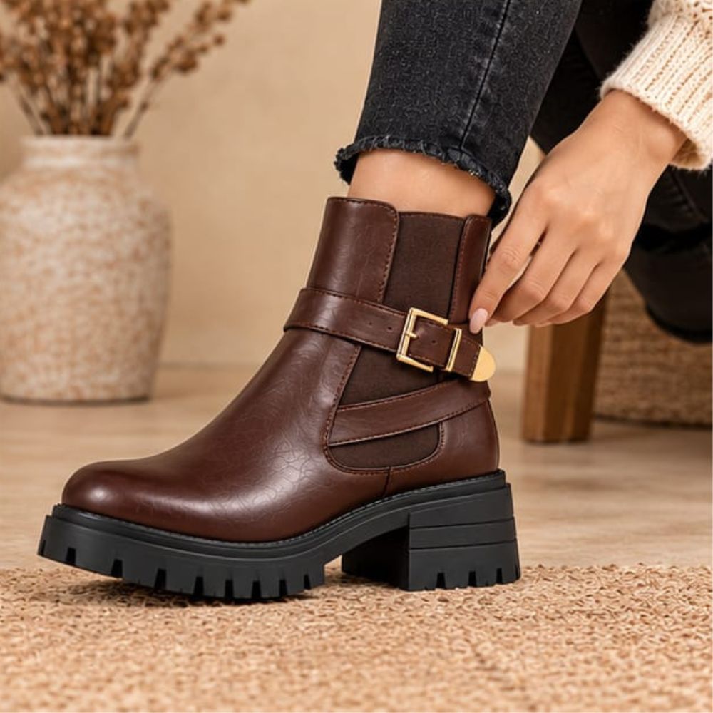 Women’s Brown Leather Ankle Biker Boots – Buckle Strap & Side Zipper with Chunky Lug Sole
