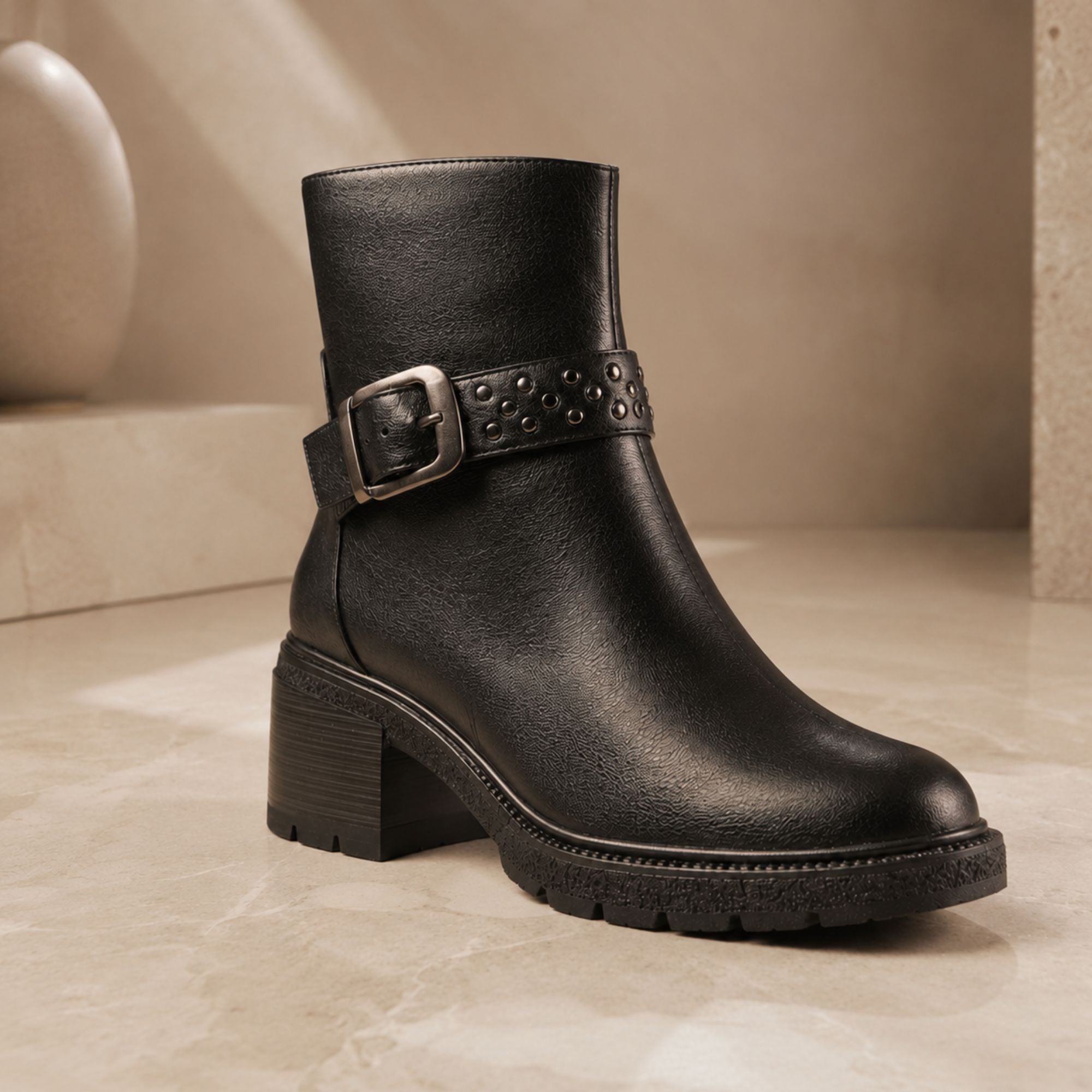 A black leather ankle boot with a chunky block heel, a studded strap with a silver buckle, and a chunky lug sole, shown on a beige stone floor.