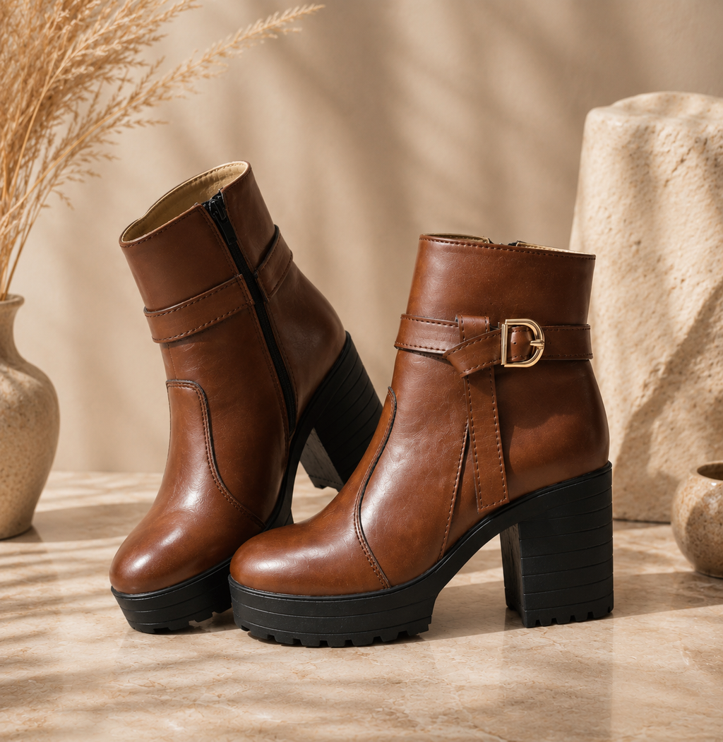 TRIFECTA Women's Brown Leather Ankle Boots – Chunky Block Heel Booties with Buckle Strap