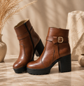 TRIFECTA Women's Brown Leather Ankle Boots – Chunky Block Heel Booties with Buckle Strap