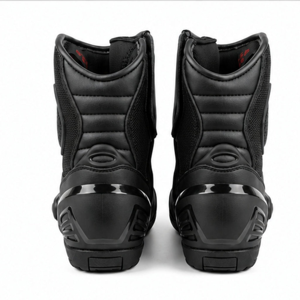 TRIFECTA Black Leather Motorcycle Boots, Short Ankle Racing Boots for Men, Sport Bike Riding Boots