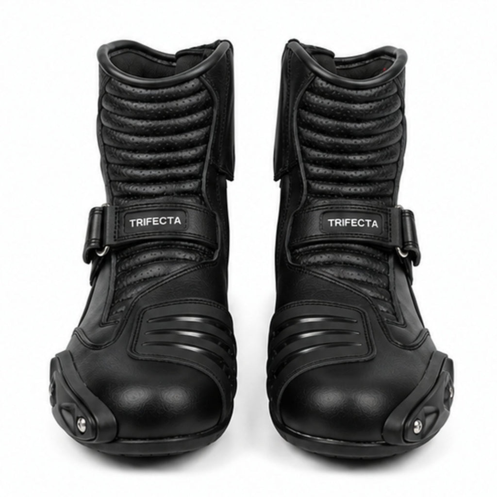 TRIFECTA Black Leather Motorcycle Boots, Short Ankle Racing Boots for Men, Sport Bike Riding Boots