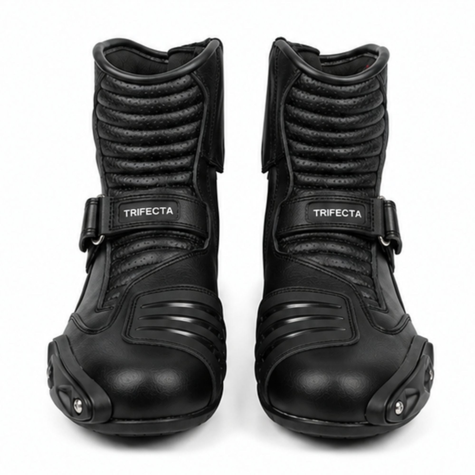 TRIFECTA Black Leather Motorcycle Boots, Short Ankle Racing Boots for Men, Sport Bike Riding Boots